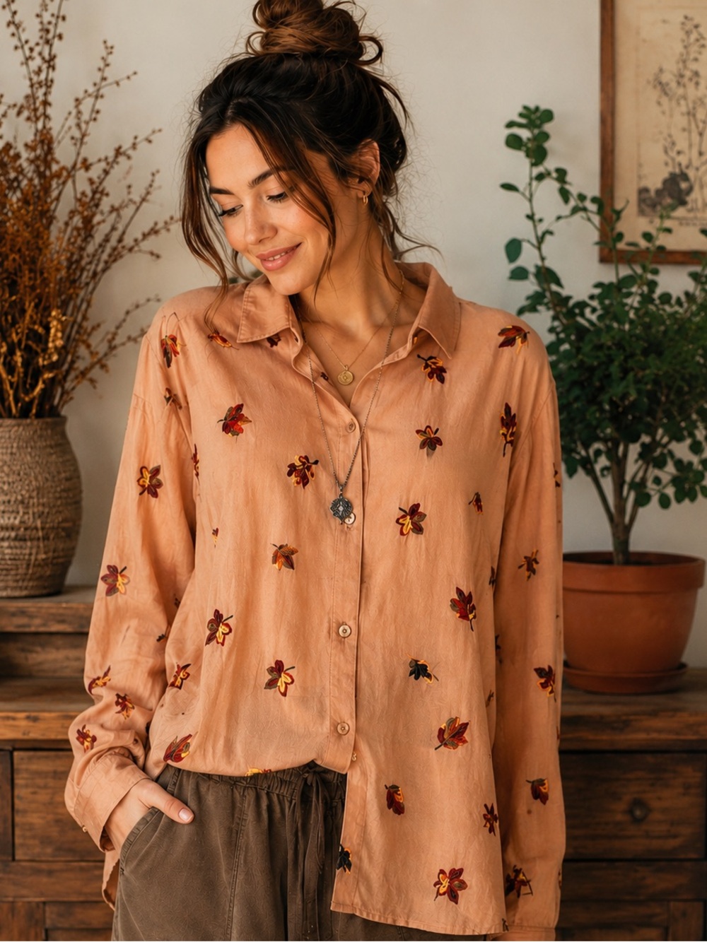 Coldwater Creek Embroidered Fall Leaves Button Front Tunic Shirt Cotton Modal L